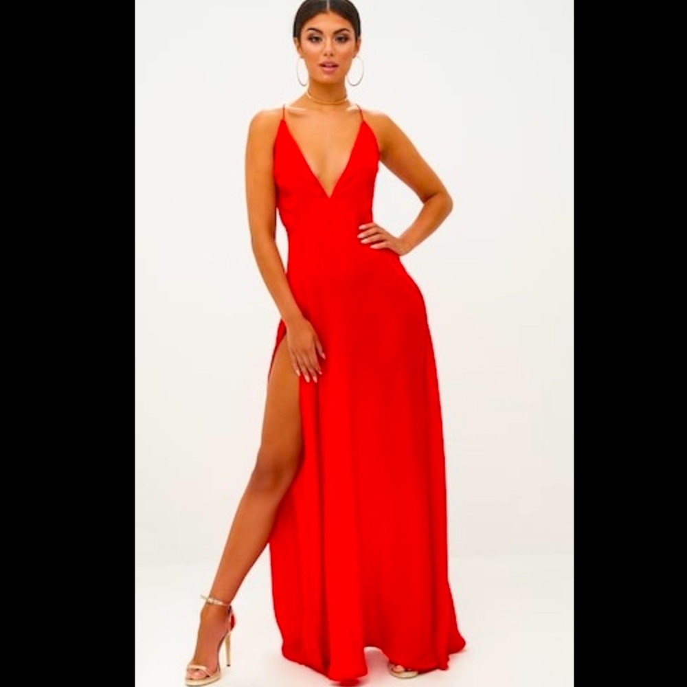 Red Extreme Split Strappy Back Maxi Dress
